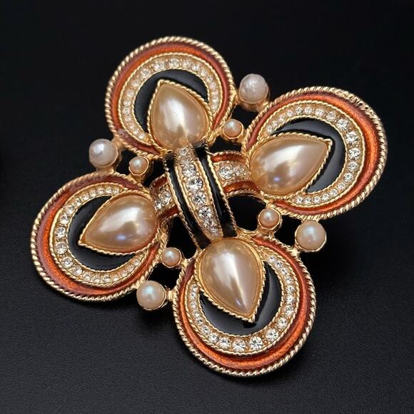 Vintage 90’s Jackie Orr Spanish Style Black & Copper Pearl & CZ Set - Picture 3 of 10